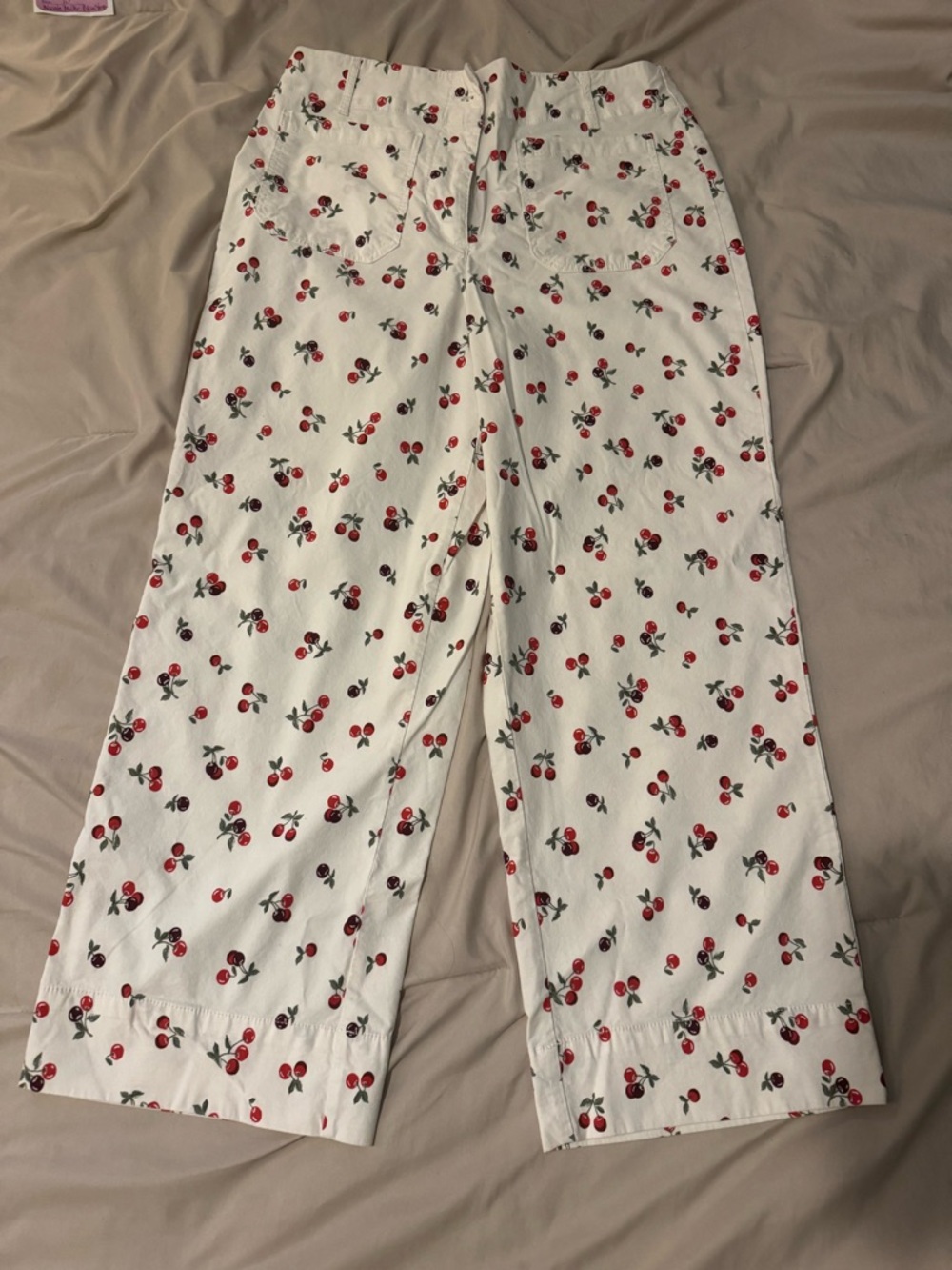 Wide Leg cream colored pants - with crimson and plum cherries, Size 10
